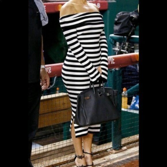Milly Black & White Stripe Off The Shoulder Bodycon Side Split Midi Dress Size P - Picture 11 of 14